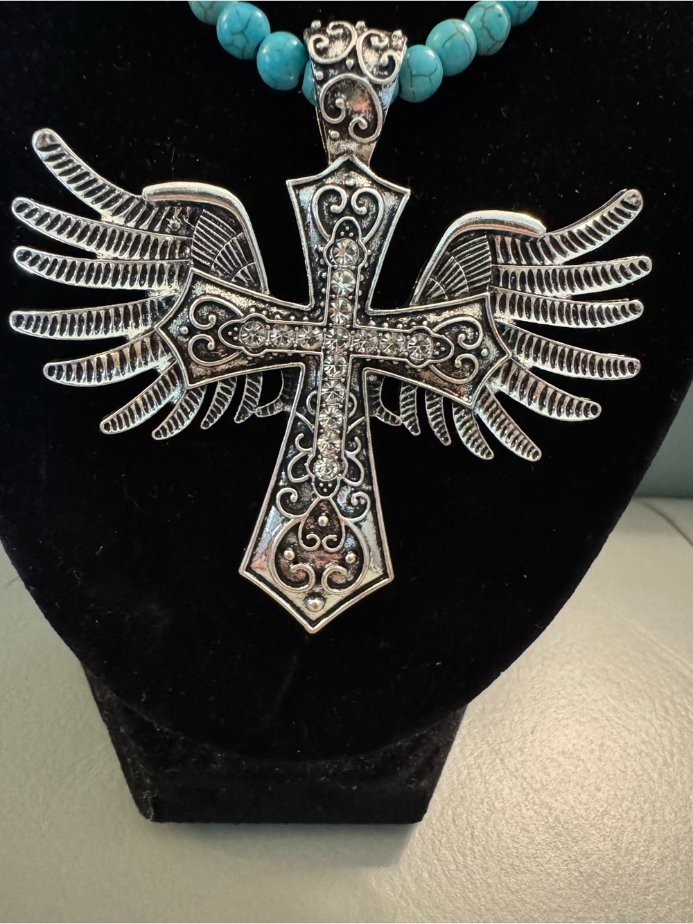 Turquoise Wooden Necklace with Silver Large Winged Cross with Rhinestones - Picture 2 of 4